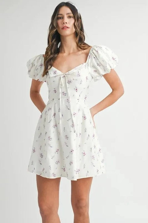 MABLE Floral Print Puff Sleeve Mini Dress OFF WHITE - Fashorio
