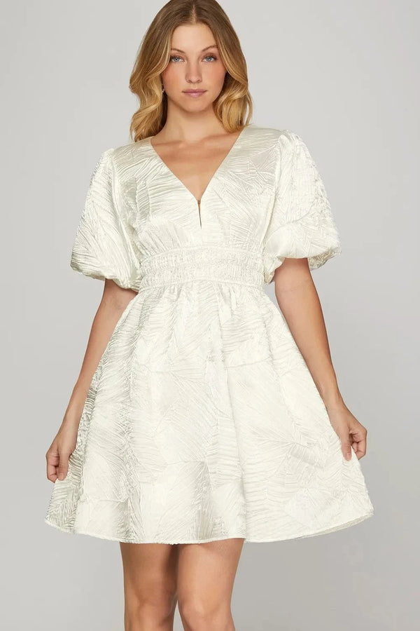 She + Sky Crinkle Woven V-Neck Balloon Sleeve Mini Dress OFF WHITE - Fashorio
