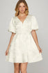She + Sky Crinkle Woven V-Neck Balloon Sleeve Mini Dress OFF WHITE - Fashorio