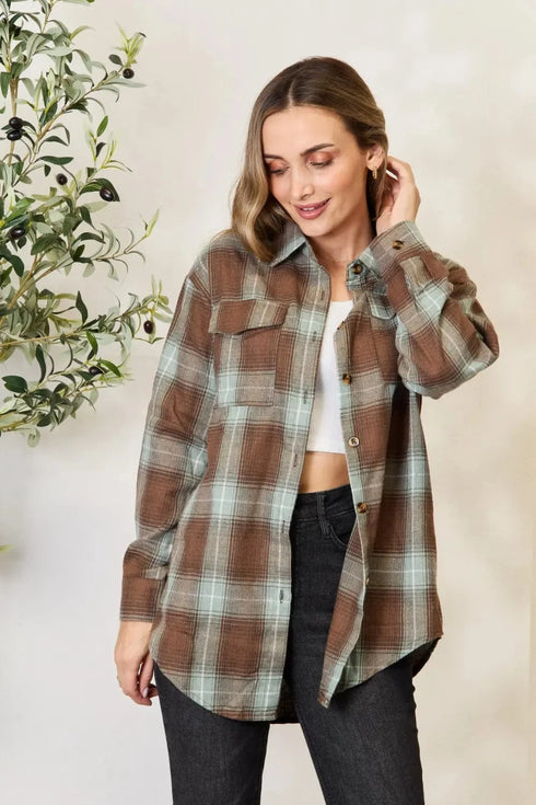 Mandy Plaid Dropped Shoulder Shirt Olive Brown - Fashorio