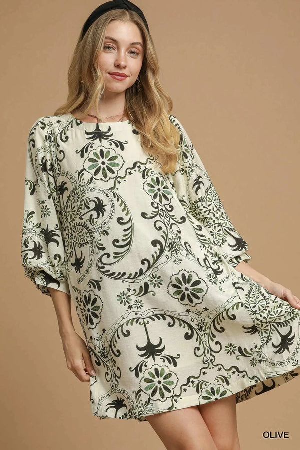 Umgee Boho Printed Balloon Sleeve Mini Dress Olive - Fashorio