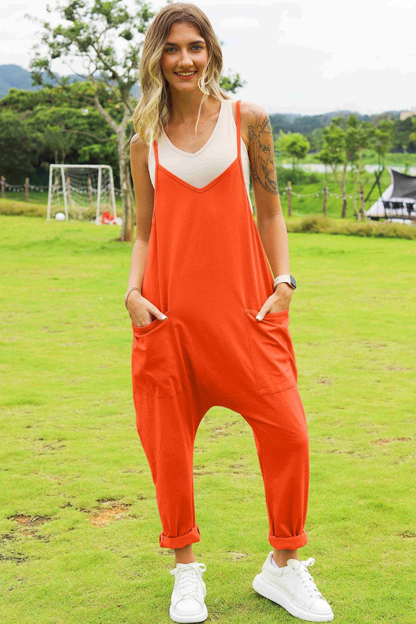 Double Take Full Size Sleeveless V-Neck Pocketed Jumpsuit Orange - Fashorio