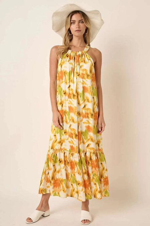 Mittoshop Watercolor Print Halter Neck Satin Maxi Dress ORANGE - Fashorio