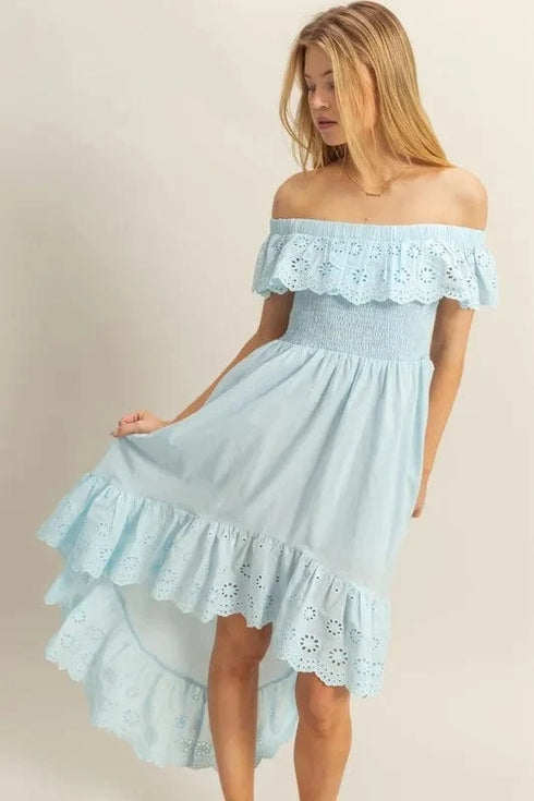 HYFVE High-Low Eyelet Ruffled Off-Shoulder Dress Pastel Blue - Fashorio