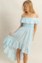 HYFVE High-Low Eyelet Ruffled Off-Shoulder Dress Pastel Blue - Fashorio