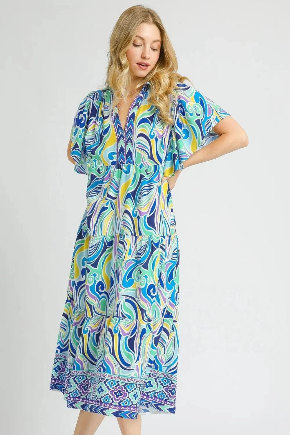 Umgee Printed Short Sleeve Tiered Midi Dress Pastel Blue - Fashorio