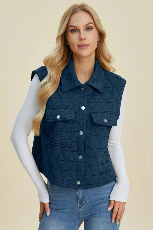 Double Take Full Size Pocketed Texture Snap Down Vest Coat Peacock Blue - Fashorio