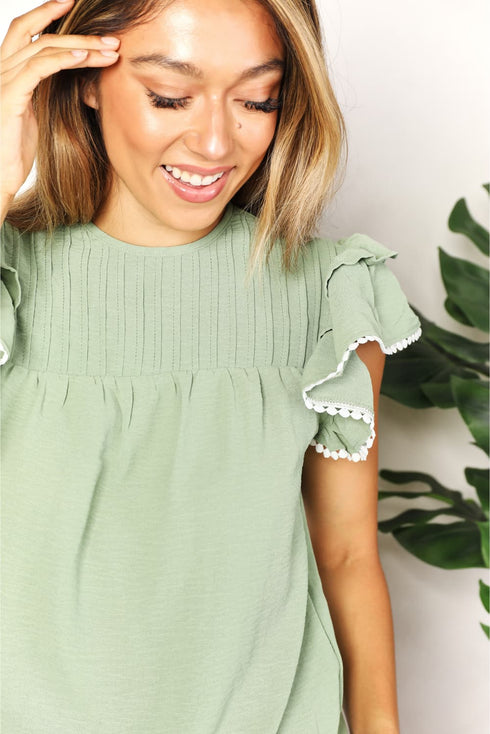 Perfee Pleated Detail Flutter Sleeve Blouse - Fashorio