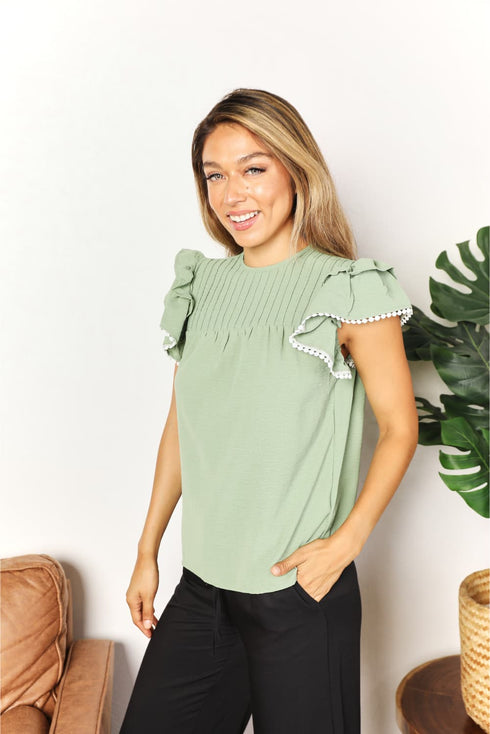 Perfee Pleated Detail Flutter Sleeve Blouse - Fashorio