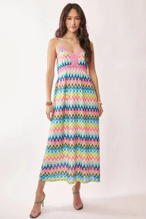 Davi & Dani Multi Color Crochet Lace Midi Dress Pink Blue - Fashorio