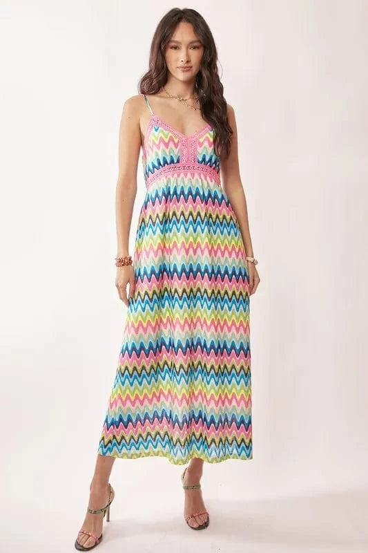 Davi & Dani Multi Color Crochet Lace Midi Dress Pink Blue - Fashorio