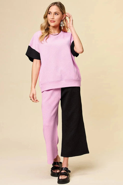 Double Take Full Size Texture Contrast T-Shirt and Wide Leg Pants Set Pink - Fashorio