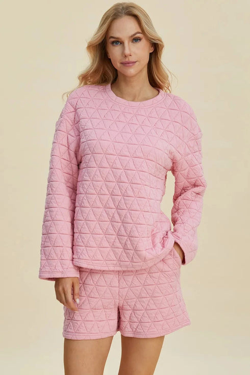 Double Take Full Size Texture Round Neck Long Sleeve Top and Shorts Set Pink - Fashorio