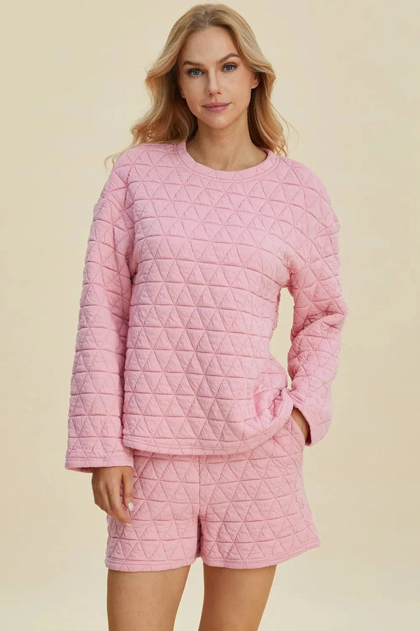 Double Take Full Size Texture Round Neck Long Sleeve Top and Shorts Set Pink - Fashorio