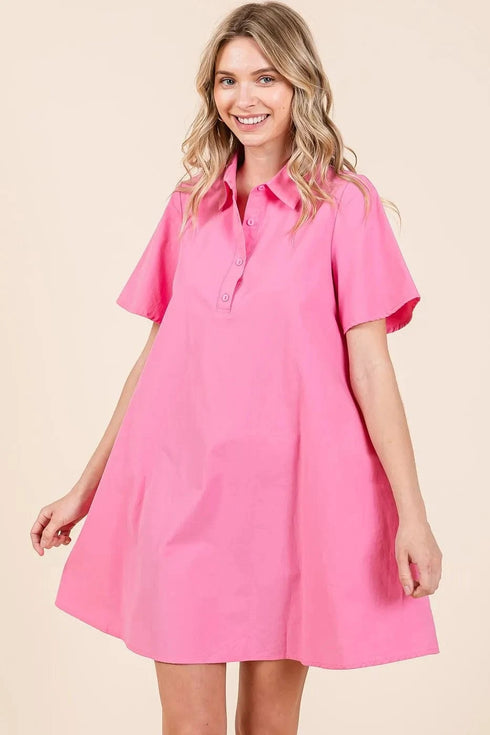 Mittoshop Poplin Collar Pleated Back Mini Dress PINK - Fashorio