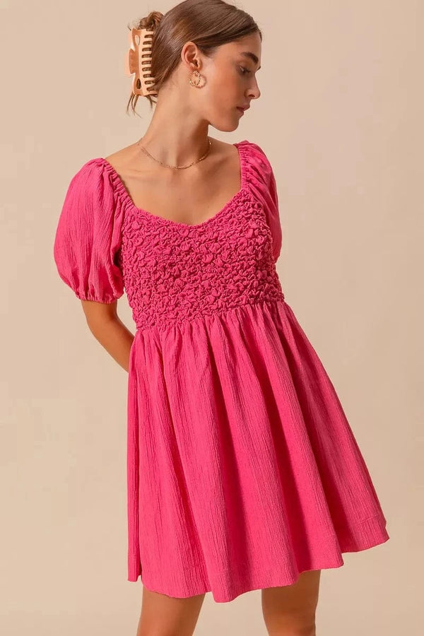 SO ME Textured Woven Daily Dress with Puff Sleeves PINK - Fashorio