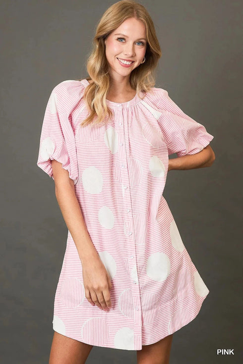 Umgee Stripe and Dot Print Button Down Puff Sleeve Mini Dress Pink - Fashorio