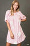 Umgee Stripe and Dot Print Button Down Puff Sleeve Mini Dress Pink - Fashorio