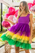 BiBi Mardi Gras Color Block Layered Mesh Tiered Dress PURPLE MUSTARD GREEN - Fashorio