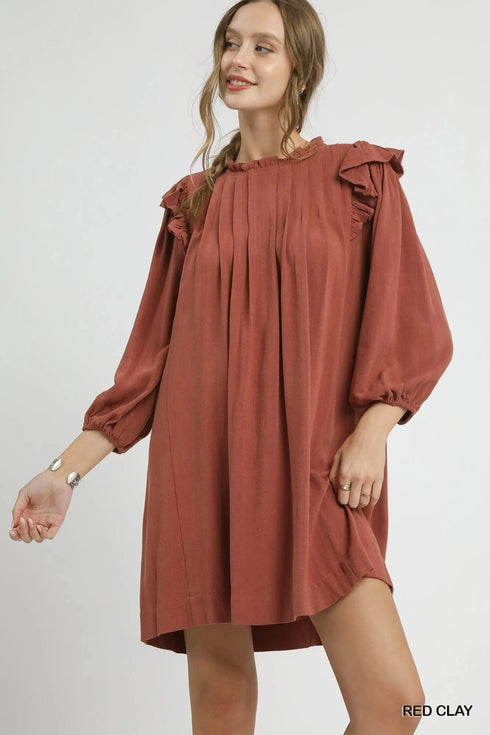 Umgee Linen Ruffle Shoulder Pleated Babydoll Dress RED CLAY - Fashorio
