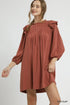 Umgee Linen Ruffle Shoulder Pleated Babydoll Dress RED CLAY - Fashorio