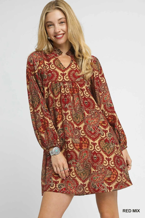 Umgee Boho Mix Paisley Babydoll Dress RED MIX - Fashorio