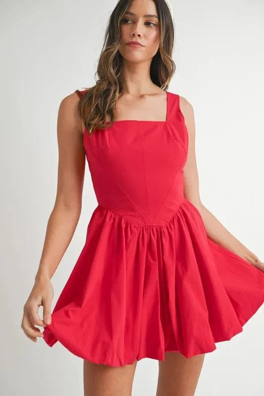 MABLE Poplin Square Neckline Bubble Mini Dress RED - Fashorio