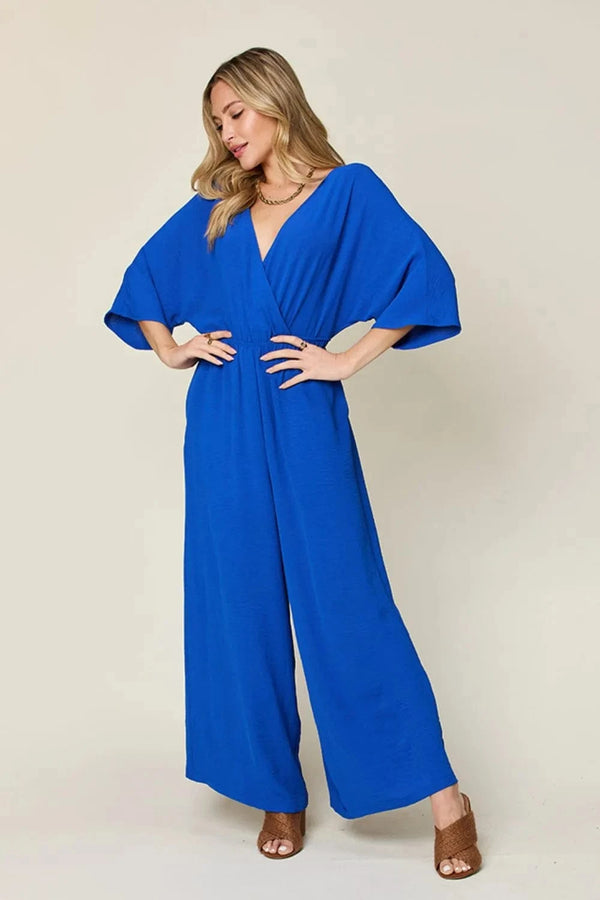 Double Take Full Size Surplice Wide Leg Jumpsuit with Pockets Royal Blue - Fashorio