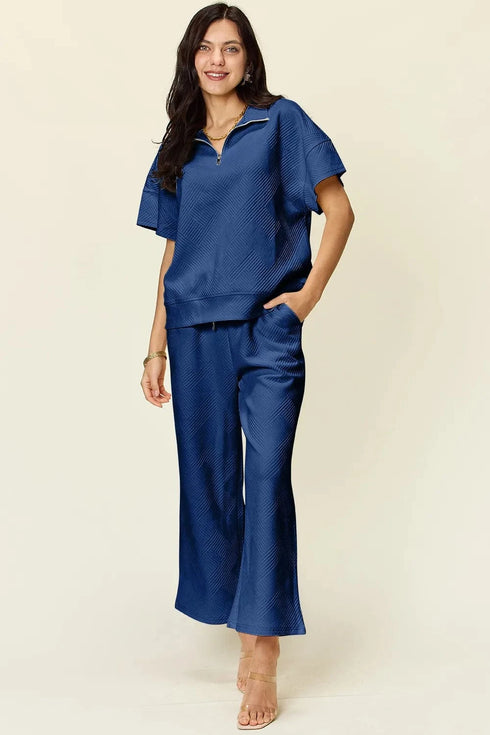 Double Take Full Size Texture Half Zip Short Sleeve Top and Pants Set Royal Blue - Fashorio