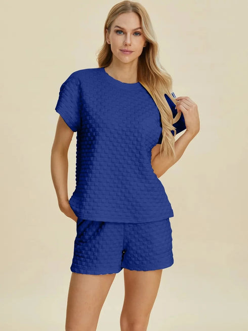 Double Take Full Size Texture T-Shirt and Shorts Set Royal Blue - Fashorio