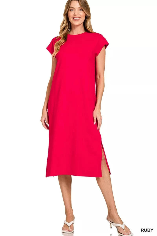 Zenana Round Neck Side Slit Midi Dress RUBY - Fashorio