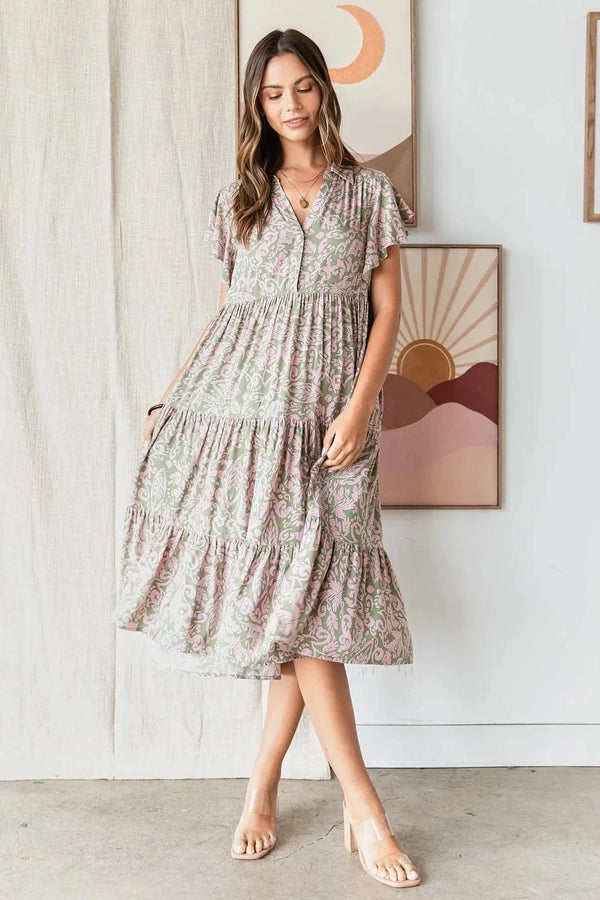 Mittoshop Abstract Print Ruffle Tier Midi Dress SAGE - Fashorio