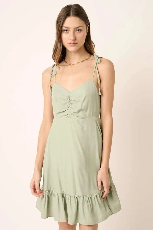 Mittoshop Ruched Detail Spaghetti Tie Mini Dress SAGE - Fashorio