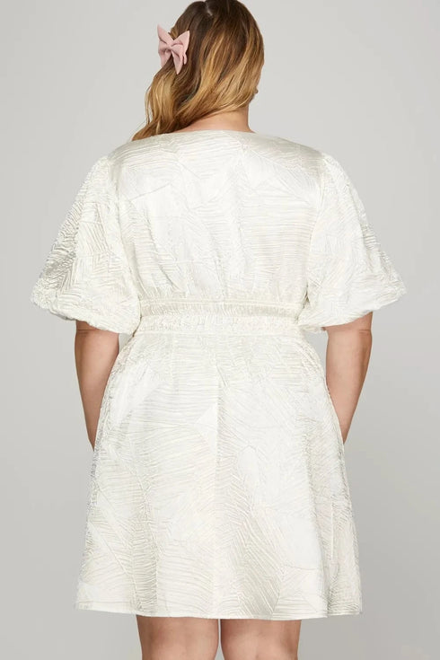 She + Sky Crinkle Woven V-Neck Balloon Sleeve Mini Dress - Fashorio