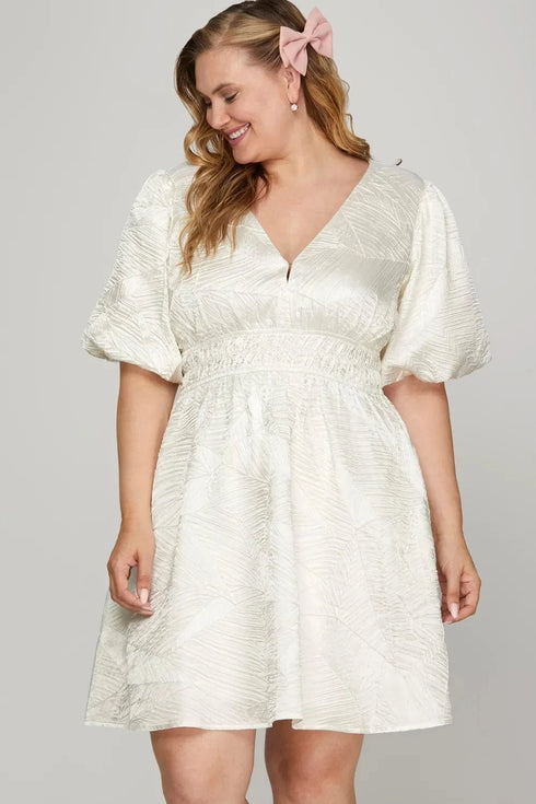 She + Sky Crinkle Woven V-Neck Balloon Sleeve Mini Dress - Fashorio