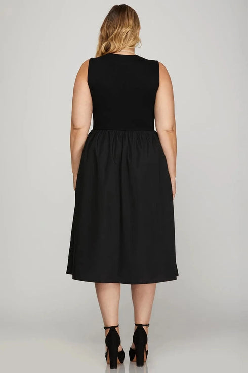 She + Sky Full Size Sleeveless Poplin Woven Midi Dress with Pockets Plus Size - Fashorio