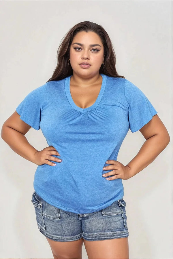 Double Take Ruched V-Neck Short Sleeve T-Shirt Sky Blue - Fashorio