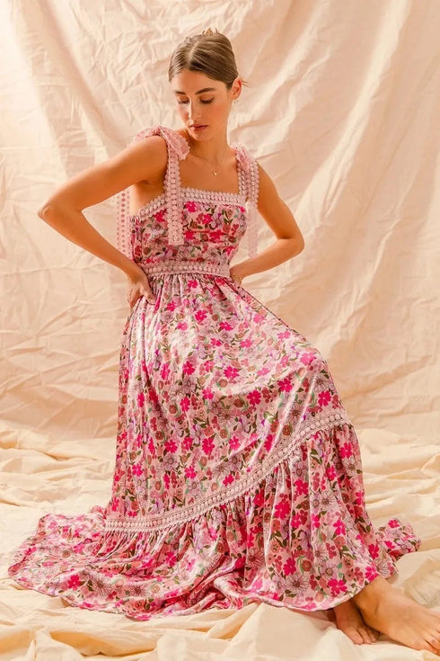 SO ME Floral Maxi Dress With Ribbon Tie Lace Strap - Fashorio