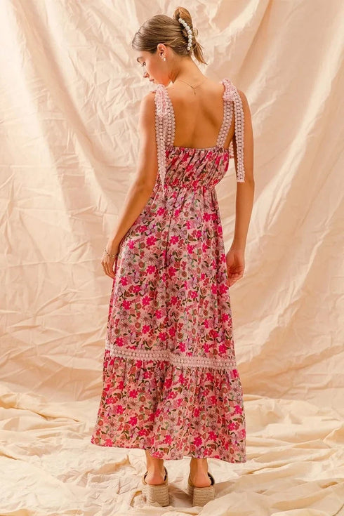 SO ME Floral Maxi Dress With Ribbon Tie Lace Strap - Fashorio