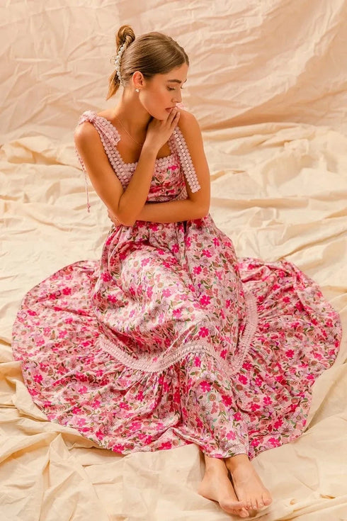 SO ME Floral Maxi Dress With Ribbon Tie Lace Strap - Fashorio