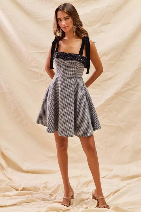 SO ME Houndstooth Fit Flare Mini Dress with Shoulder Tie - Fashorio