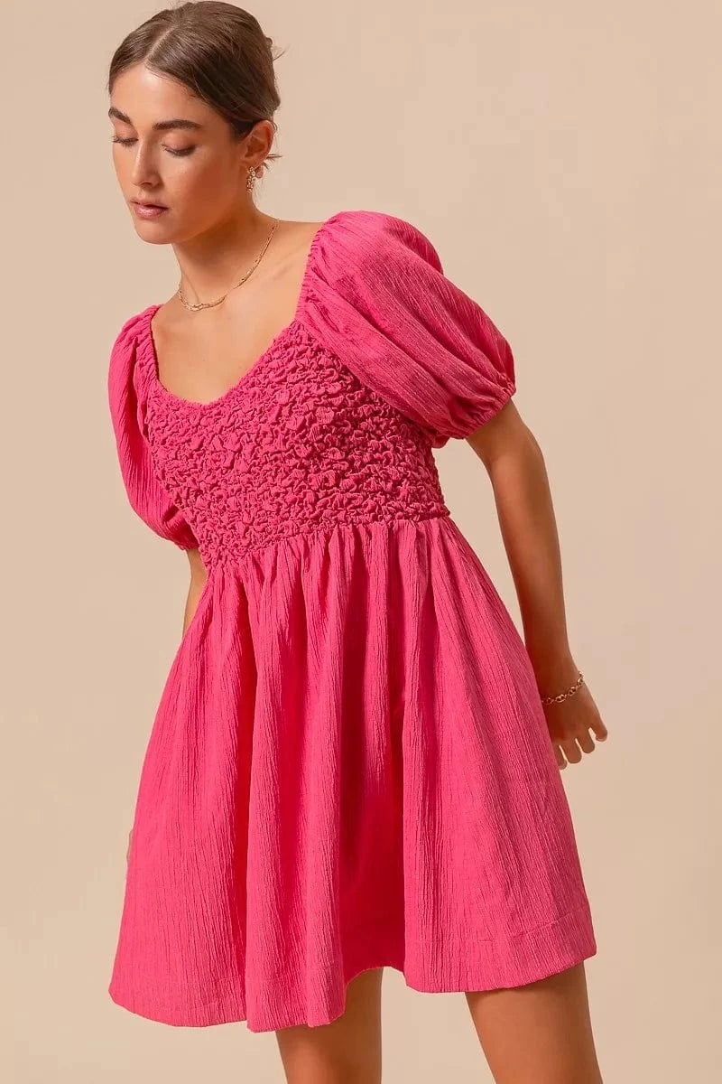 SO ME Textured Woven Daily Dress with Puff Sleeves - Fashorio