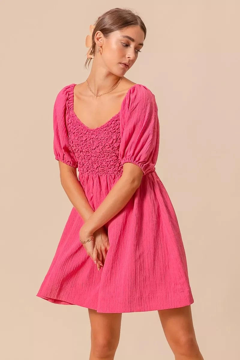 SO ME Textured Woven Daily Dress with Puff Sleeves - Fashorio