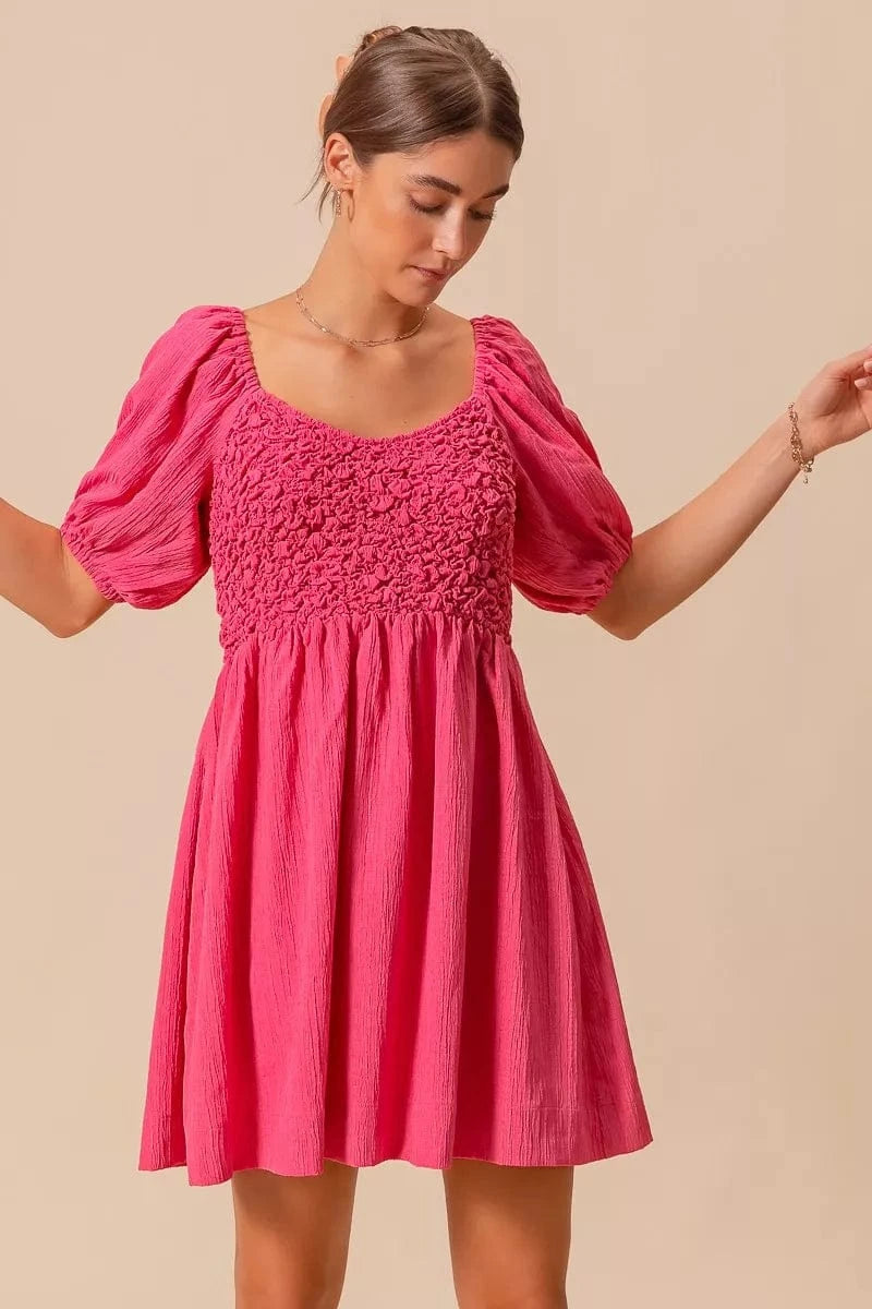 SO ME Textured Woven Daily Dress with Puff Sleeves - Fashorio