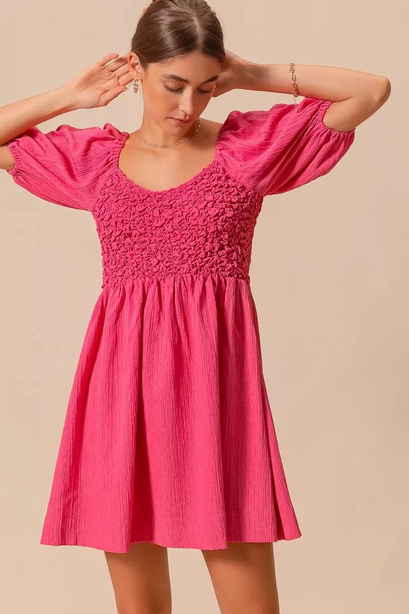 SO ME Textured Woven Daily Dress with Puff Sleeves - Fashorio