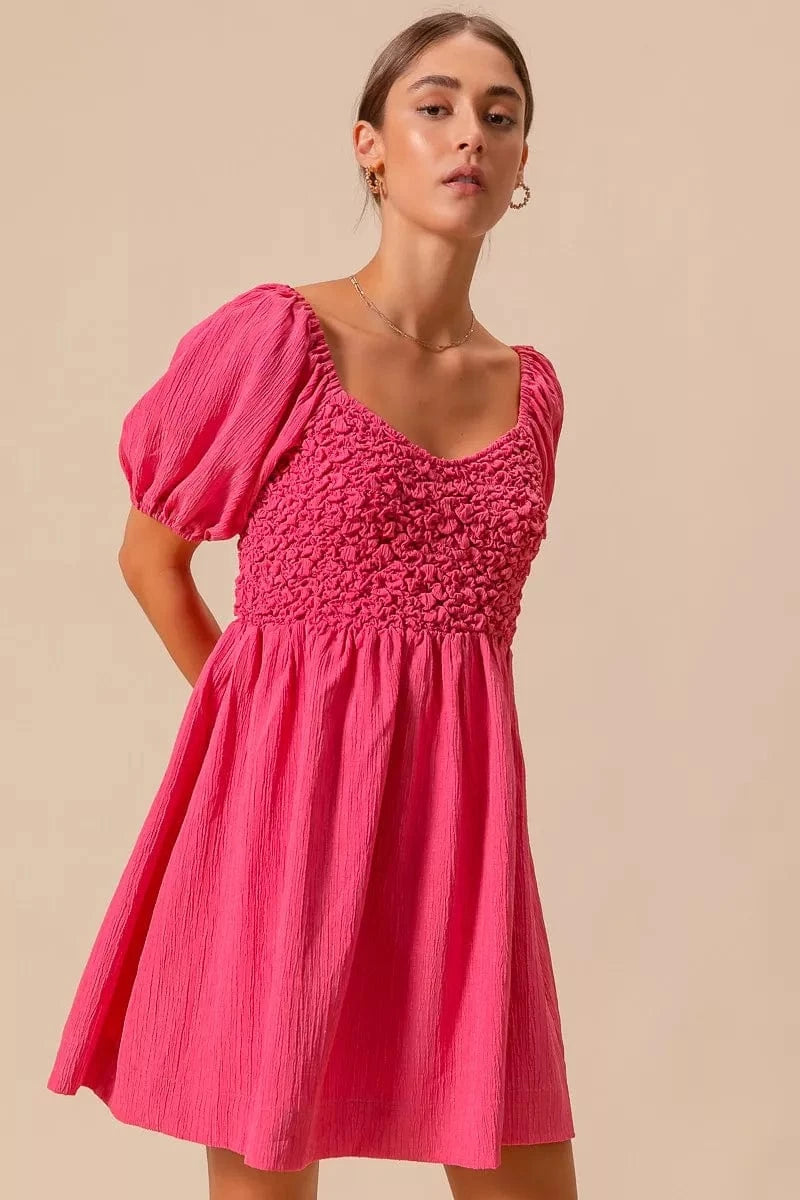 SO ME Textured Woven Daily Dress with Puff Sleeves - Fashorio