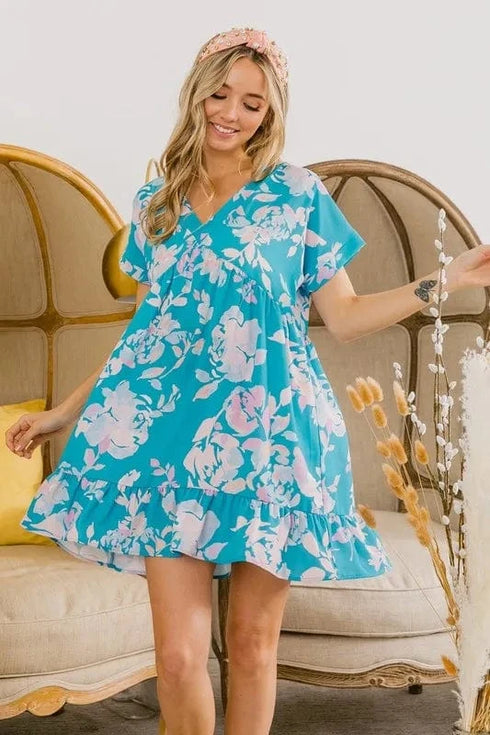 BiBi Floral Crinkle Shirred Ruffle Detail V Neck Dress SOFT BLUE - Fashorio