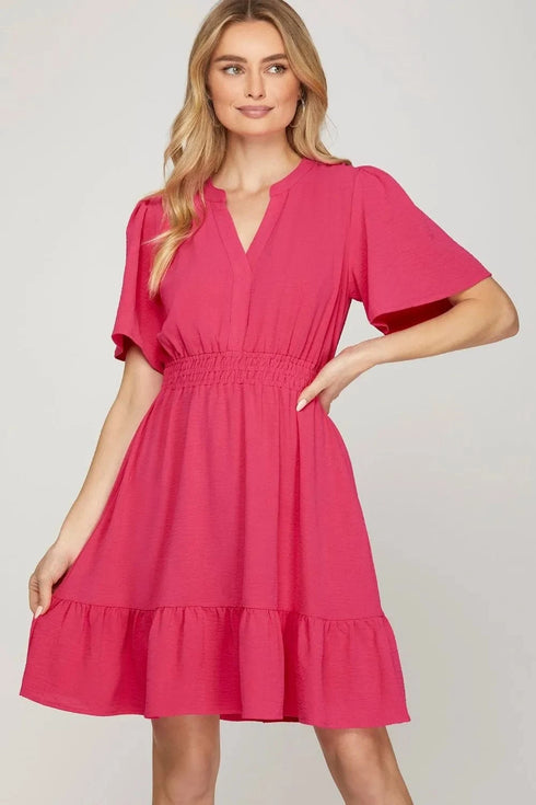 She + Sky Ruffled Hem Notched Flutter Sleeve Mini Dress Strawberry - Fashorio
