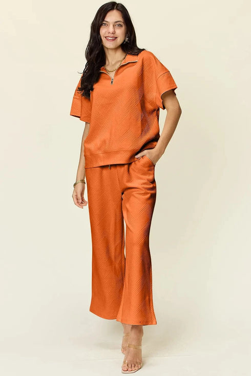 Double Take Full Size Texture Half Zip Short Sleeve Top and Pants Set Tangerine - Fashorio
