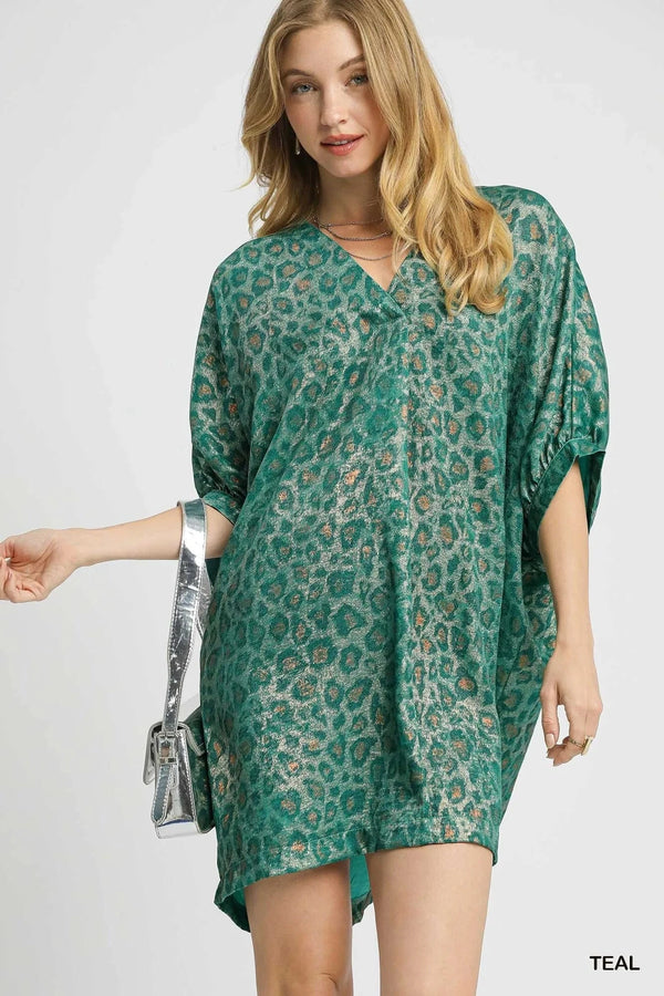 Umgee Metallic Leopard Print V-Neck Kimono Dress TEAL - Fashorio